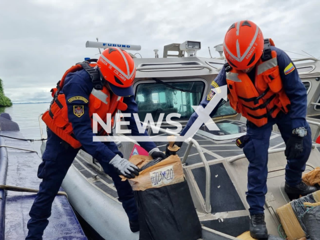 Photo shows a scene from an operation carried out by the Colombian Navy Command where officers intercepted a 17-meter-long semi-submersible that was sailing in the waters of the South Pacific Colombian and had the objective of reaching Central America, undated. Three men were aboard the semi-submersible when it was detected by units of the Colombian navy. Note: Licensed photo (Colombian Navy Command/Newsflash)