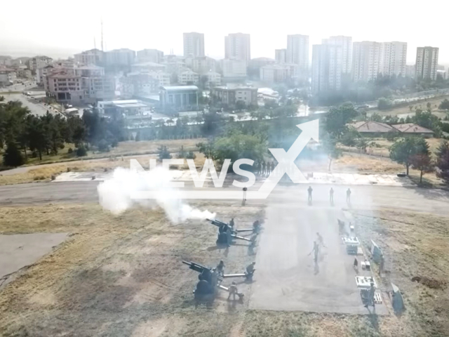 Cannons fire in Turkey, in undated footage. Cannons across the country were fired to celebrate Erdogan's victory. Note: Picture is a screenshot from a video. (@TCMilliSavunmaBakanligi/Newsflash)