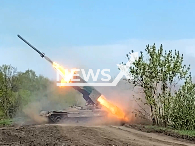 Russian heavy flamethrower system TOS-1A Solntsepek fire rockets at Ukrainian military positions in Lyman region in Ukraine in undated footage. The footage was released by the Russian MoD on Monday, Jun. 5, 2023.
Notes: Photo is screen from a video. (Ministry of Defense of Russia/Newsflash)