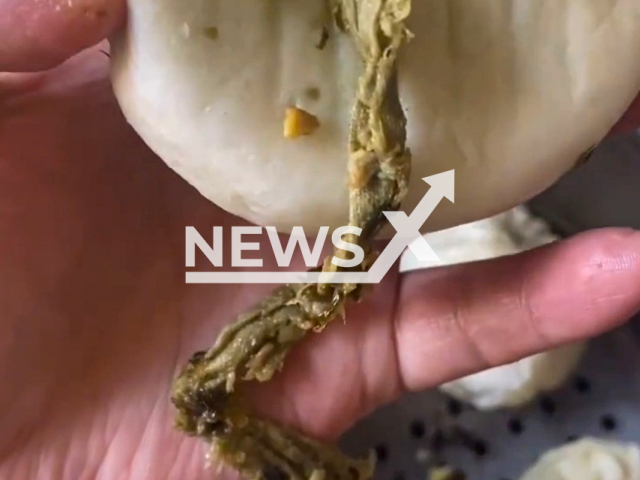 Woman finds rag in a bun she bought in Beijing, China. Note: Picture is a screenshot from a video (XiaohongshuID:1012753414/AsiaWire)