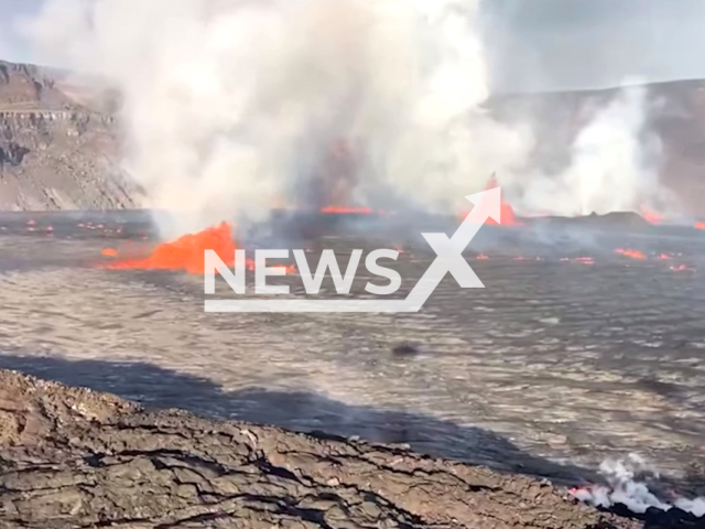 Picture shows an aerial video of the Kilauea summit eruption in Halema‘uma‘u, Hawaii, on Wednesday, June 7, 2023. According to the traditions of Hawaiian religion, Halema‘uma‘u is home to Pele, goddess of fire and volcanoes. Note: Picture is a screenshot from a video. (@usgs/Newsflash)