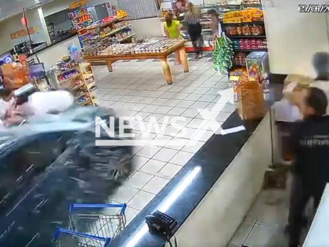 An elderly woman enters a bakery with her car in Goiania, Brazil, Monday, June 5, 2023. She reportedly confused the pedals and instead of braking, she accelerated the car into the store. Note: Picture is a screenshot from a video (Newsflash)