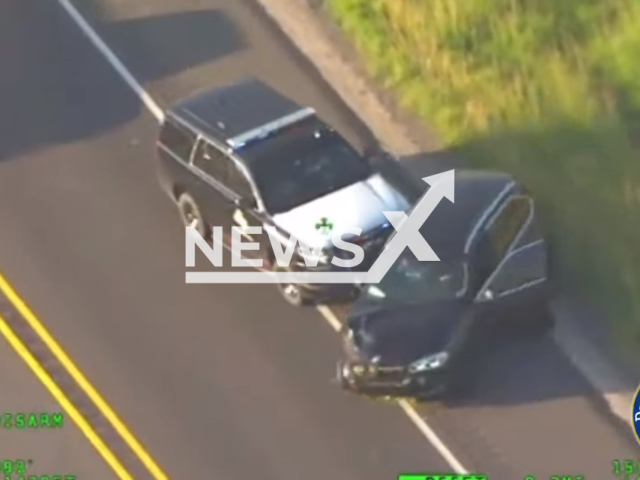 Picture shows an aerial view of the high-speed vehicle pursuit in Maverick County, Texas, on Tuesday, June 6, 2023. The suspect, a 19-year-old, is charged with smuggling of persons, evading arrest and unlawful carry of a firearm. Note: Picture is a screenshot from a video. (@TxDeptPublicSafety/Newsflash)