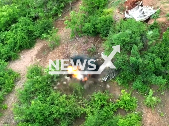 Ukrainian kamikaze drone "Pegasus" destroys Russian observation point on the frontline in Ukraine in undated footage. The footage was released by the Office of Strategic Communications on Thursday, Jun. 8, 2023.
Notes: Photo is screen from a video. (@AFUStratCom/Newsflash)