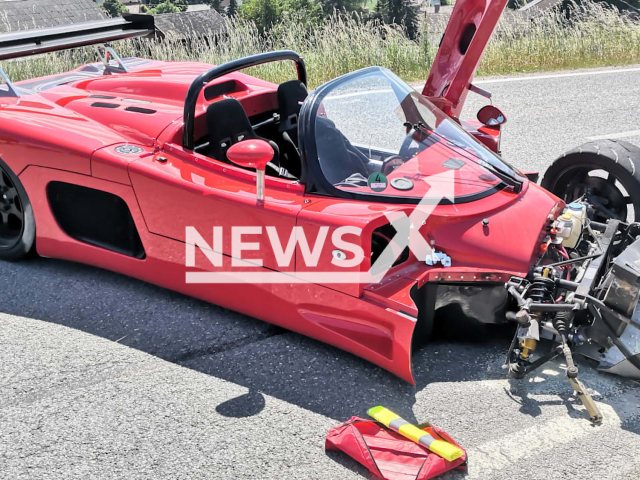 Image shows the UK-made Ultima super car after the crash, undated photo. The accident happened in the area of Cham, Upper Palatinate district, Bavaria State, Germany, on Sunday, June 11, 2023. Note: Licensed content. (Polizeiinspektion Roding/Newsflash)