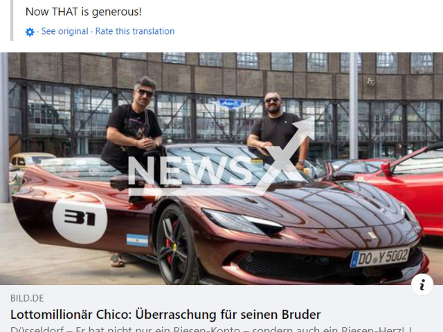 Kursat Yildirim, 42, and his brother Yunus, 35, pose in undated photo. The lottery millionaire from the city of Dortmund, Germany, got his brother a Ferrari GTB 296. Note: Photo is a screenshot from a post. (Newsflash)