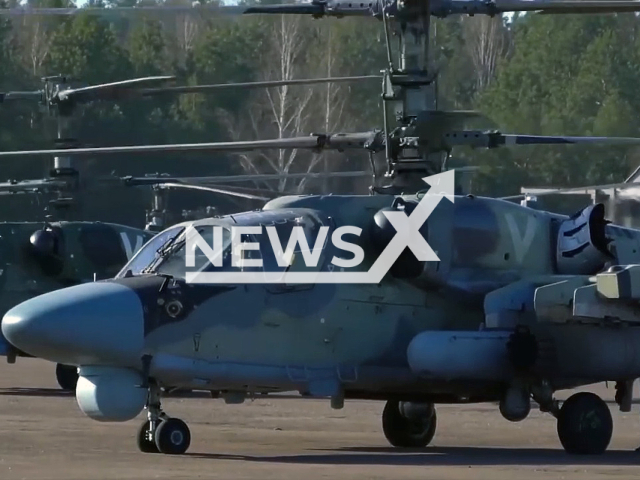 Helicopters Ka-52 of the Russian Federation destroyed camouflaged positions of Ukrainian Armed Forces, in April, 2022, in Ukraine. Note: Picture is a screenshot from a video (@mod.mil.rus/Newsflash)