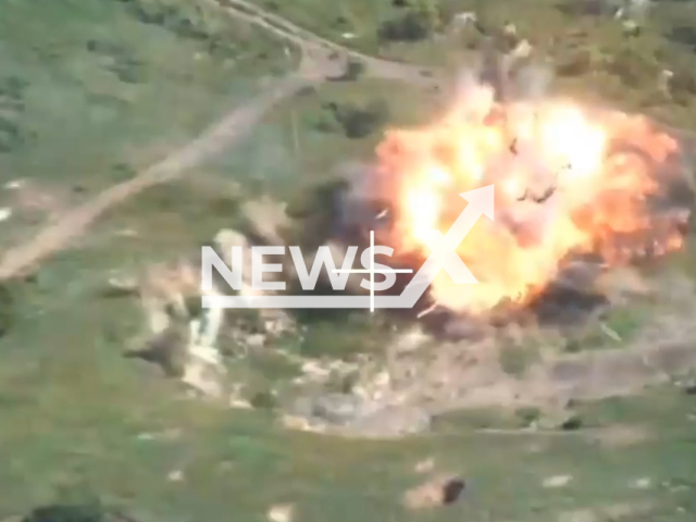 Ukrainian artillerymen blow up Russian 2S1 Gvozdika howitzer in huge blast in Ukraine in undated footage. The footage was released by the 40th Artillery Brigades on Wednesday, June 14, 2023. Note: This picture is a screenshot from the video. (@40OAbrigade/Newsflash)