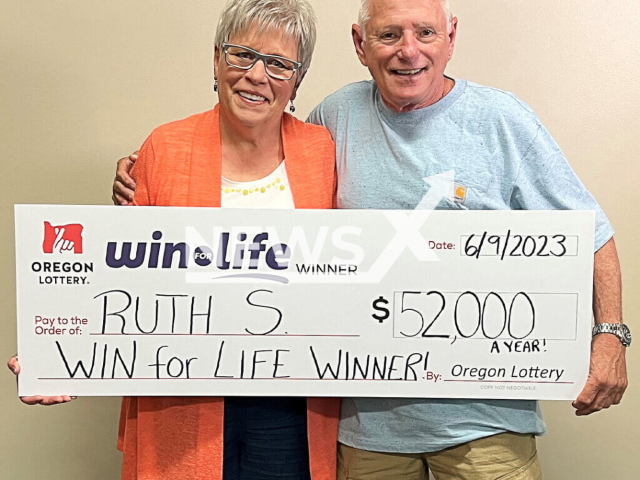 Ruth Salvatore, 73, and her husband Ed, undated photo. She will receive USD 52,000 (GBP 41,000) a year after she won the lottery in the city of Grants Pass, Oregon State, USA, in June 2023. Note: Licensed content. (Oregon Lottery/Newsflash)