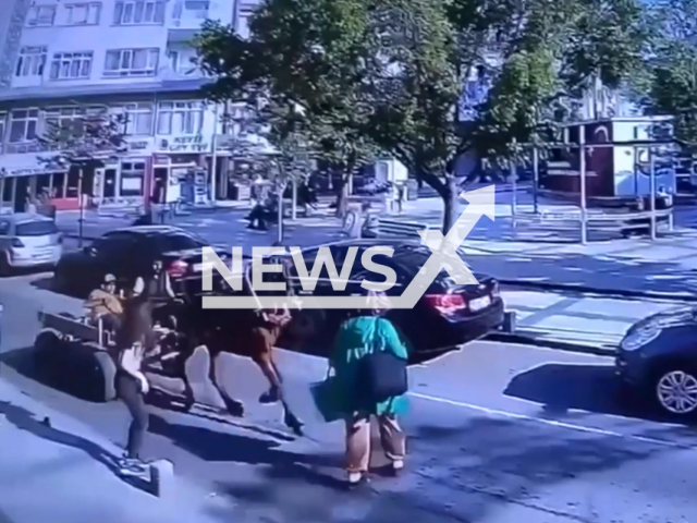 Description: A horse carriage hits a woman while she trying to cross the road in Corlu, Tekirdag, Turkey, undated. The injured woman was admitted to a hospital. Notes: Photo is screen from the video.(Newsflash)