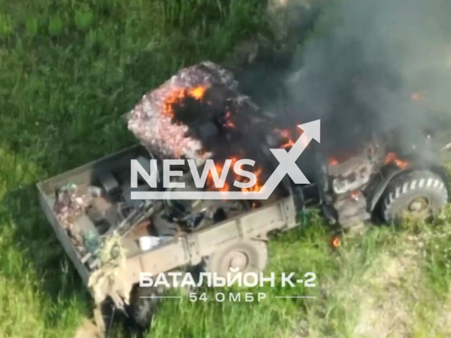 Picture shows burning Russian vehicle with ZU-23-2 anti-aircraft mount in Ukraine in undated footage. The footage was released by the Combat group K2 of the 54th Mechanized Brigade on Thursday, June 15, 2023. Note: Picture is a screenshot from a video (@k_2_54/Newsflash)