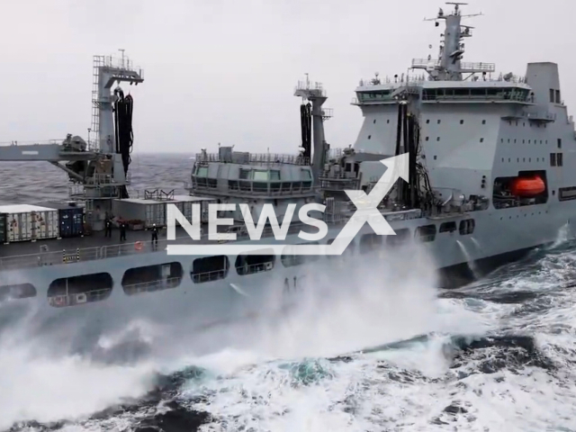 RFA Tidesurge battles through rough Arctic seas on NATO exercise. Note: Picture is a screenshot from a video (Royal Navy, RFA Tidesurge and HMS Richmond/Newsflash)