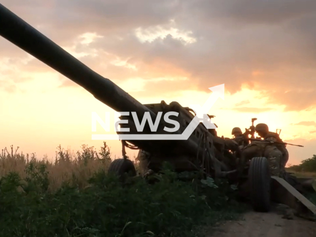 Ukrainian Naval artilleryman aim at Russian occupiers' tank in the south of Ukraine in undated footage. The footage was released by the 406th Separate Artillery Brigade on Tuesday, June 20, 2023.  Note: Picture is a screenshot from a video (@406oabr/Newsflash)