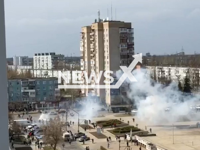 Russian forces allegedly fired shock grenades on a peaceful protest in Energodar, Ukraine, in April, 2022. Note: This picture is a screenshot from the video (Newsflash).