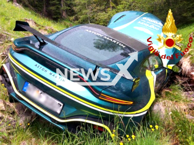 Photo shows the destroyed Aston Martin Vantage F1 Edition. Driver lost control on Monday, June 19, 2023 on Giau Pass in Colle Santa Lucia in Italy.
Note: Fire brigade photo(Vigili del Fuoco/Newsflash).