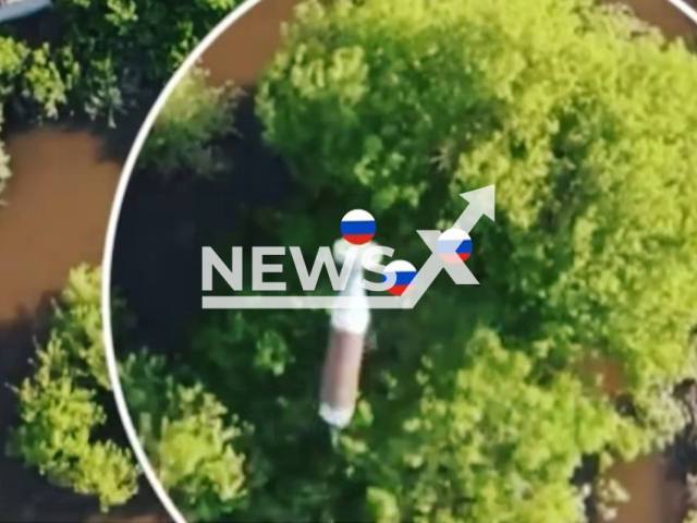 Ukrainian drone bomb falls on Russian soldiers among trees near Kherson, Ukraine in undated footage. The footage was released by the Security Service of Ukraine on Thursday, June 22, 2023. Note: Picture is a screenshot from a video (@SecurSerUkraine/Newsflash)