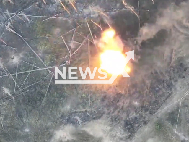 Ukrainian aerial reconnaissance and artillery destroy Russian tank in Donetsk region, Ukraine in undated footage. The footage was released by the State Border Service of Ukrain on Thursday, June 22, 2023. Note: Picture is a screenshot from a video (Ukrainian State Border Service/Newsflash)