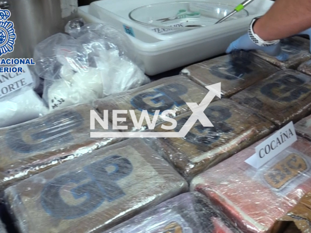 Police officers investigate the drugs seized, in Madrid, Spain, undated.  Police arrested eight people and seize  150 kilogrames of precursors and 20 kilogrames  of cocaine hydrochloride  during operation against a criminal organization producing cocaine. Note: Picture is a screenshot from a video (Newsflash)