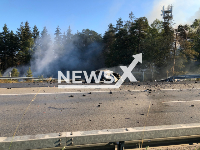 Image shows the burnt vehicle, undated photo. It caught fire near the district of Kaiserslautern, Rhineland-Palatinate State, Germany, on June 25, 2023. Note: Licensed content. (Kaiserslautern Police Department/Newsflash)