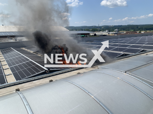 Image shows the solar power system in the town of Guessing, Burgenland State, Austria, undated photo. It caught fire at around 10am on Sunday morning, June 25, 2023. Note: Licensed content. (Bezirksfeuerwehrkommando Guessing/Newsflash)