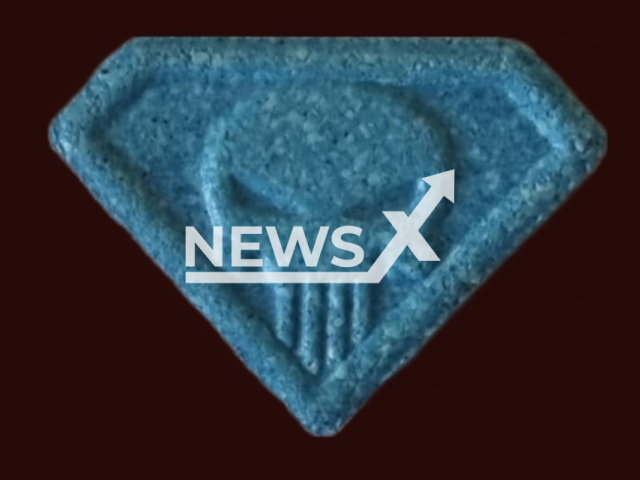 Image shows a Blue Punisher MDMA pill, undated photo. A 13-year-old girl  died in hospital after consuming the drug on Monday evening, June 26, 2023. Note: Licensed content. (Neubrandenburg Police Headquarters/Newsflash)