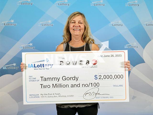 Tammy Gordy, 56, from the city of Ottumwa, Iowa State, Lottery, poses in undated photo. She won USD 2 million (GBP 1.6 million) on the lottery in June 2023. Note: Licensed content. (Iowa Lottery/Newsflash)