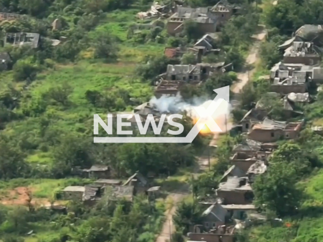 Ukrainian artillery destroys Russian permanent military deployment point in Ukraine in undated footage. The footage was released by the 30th separate mechanized brigade on Wednesday, Jun. 28, 2023.
Notes: Photo is screen from a video. (@donobrtro/Newsflash)