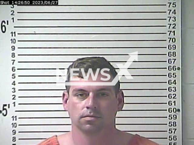 Jordan Mykol Henning, 33, poses in undated photo. He was charged with murder after allegedly killing his wife Ashley Henning, 32, during a celebration for the woman’s birthday Monday night, June 26, 2023. Note: Licensed content. (Hardin County Detention Center/Newsflash)