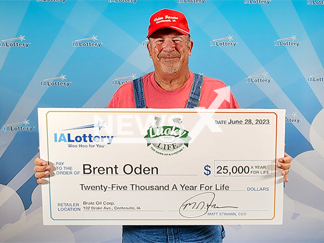 Brent Oden, 56, from the city of Cincinnati, Iowa State, USA, poses in undated photo. He won USD 25,000 (GBP 19,792) a year for life on the lottery in June 2023. Note: Licensed content. (Iowa Lottery/Newsflash)