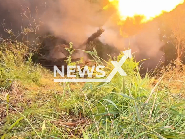 Russian artillery destroys Ukrainian anti-aircraft missile system "Strela-10" near Bakhmut in Ukraine in undated footage. The footage was released by Russian MoD on Tuesday, Jul. 04, 2023.
 Notes: Photo is screen from a video. (Ministry of Defense of Russia/Newsflash)