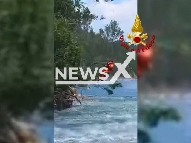 Photo shows the rescuing of the young woman on Sunday, June 02, 2023. She was trapped in strong water currents river between Caselle and Borgaro Torinese in Piedmont in Italy. Note: Photo is a screenshot from a video (Vigili del Fuoco/Newsflash)