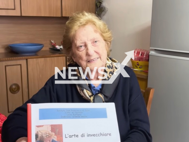 Picture shows Imelda Starnini, 90, undated. She returned to school for the final exam. Note: Image is a screenshot from video. (Newsflash)