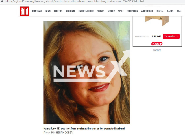 Hanna F. (43), the victim who was shot by her separated husband Hartmut F., the killer dentist who goes in jail for life.
Note: Photo is a screenshot from BILD page(Screenshot/Newsflash).