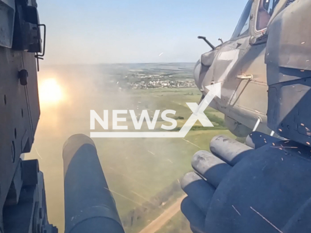 Russian Ka-52 helicopters destroy Ukrainian military equipment near Lyman in Ukraine in undated footage. The footage was released by Russian MoD on Tuesday, Jul. 04, 2023.
Notes: Photo is screen from a video. (Ministry of Defense of Russia/Newsflash)