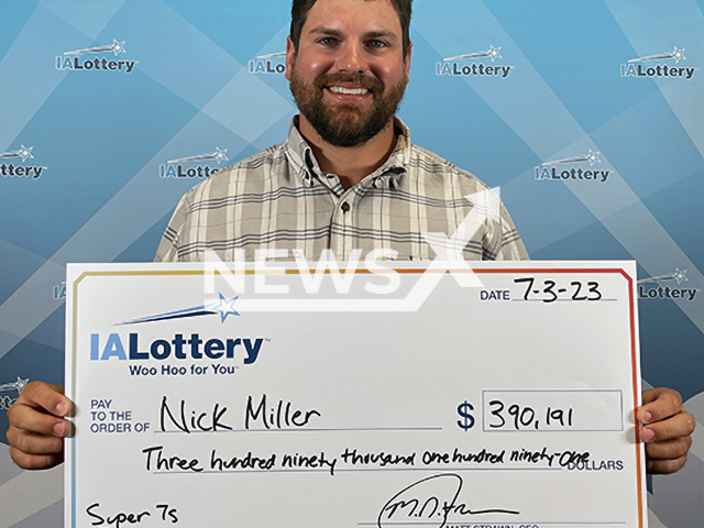 Nick Miller, 31, from the city of Bernard, Iowa State, USA, poses in undated photo. He won USD 390,191 (GBP 307,357) on the lottery in June 2023. Note: Licensed content. (Iowa Lottery/Newsflash)