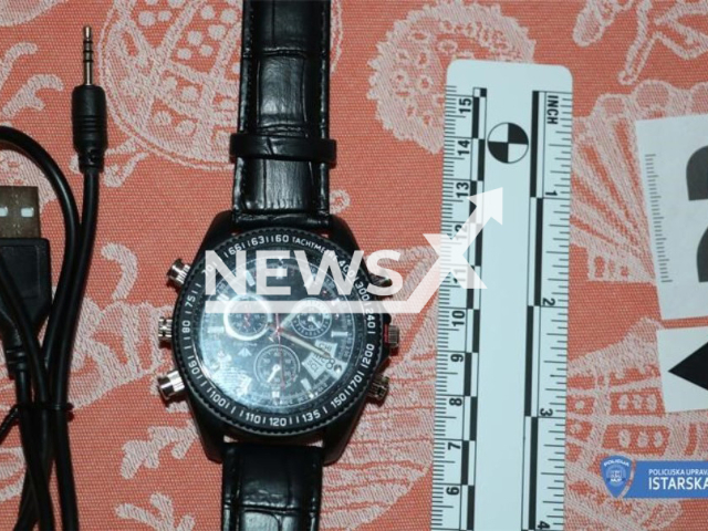 Photo shows the wristwatch with integrated micro camera. German citizen is suspected of filming naked children in pool in Rovinj, Croatia, on Saturday, July 01, 2023.
Note: Licensed photo(PU of Istria/Newsflash).