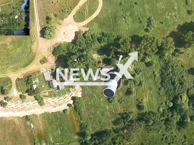 Unknown partisans drop bombs at Russian military position on the border with Ukraine in the Bryansk region in Ukraine in undated footage. The footage was released by State Border Service of Ukraine on Tuesday, Jul. 04, 2023.
Notes: Photo is screen from a video. (@DPSUkr/Newsflash)