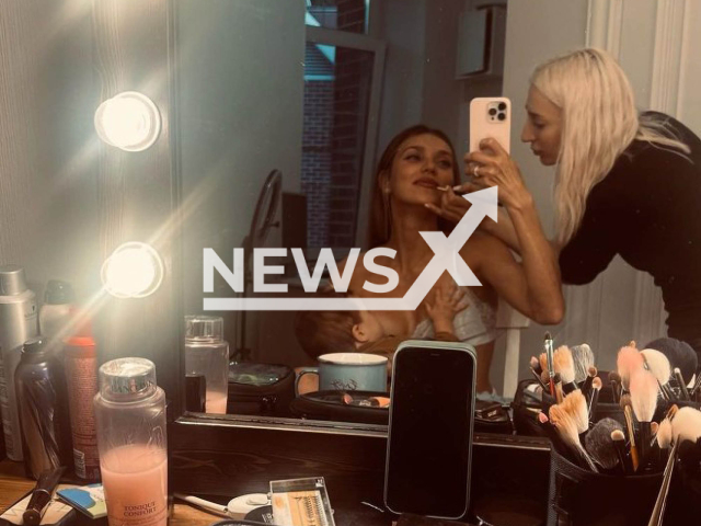 Photo shows Regina Todorenko breastfeeding her baby. The Russian TV presenter breastfed her baby at work.
Note: Private photo(@reginatodorenko/Newsflash).