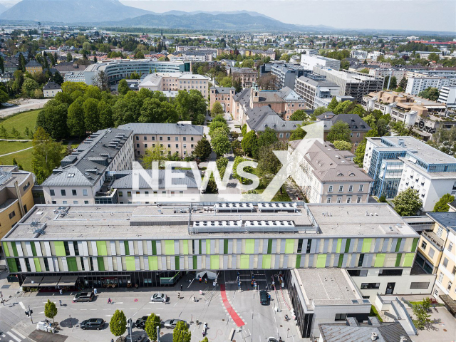 Image shows an areal photo of the University Hospital Campus LKH, in the city of Salzburg, Austria, undated photo. A 50-year-old patient died in a sleep laboratory at the hospital in June 2023. Note: Licensed content. (SALK/Newsflash)