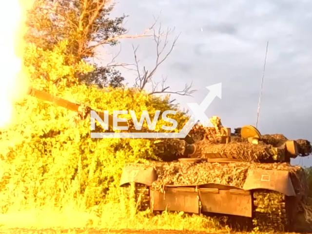 Russian T-80BV tank fire at Ukrainian military positions in Ukraine in undated footage. The footage was released by Russian MoD on Monday, Jul. 10, 2023.
Notes: Photo is screen from a video. (@mod_russia/Newsflash)