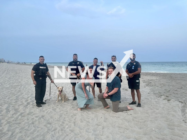 Image shows the lucky couple, police officers and the eyewitness, who were involved in the ring search, undated photo. It happened in the city of Myrtle Beach, South Carolina State, USA, on Saturday, July 1, 2023. Note: Licensed content. (Myrtle Beach Police Department/Newsflash)