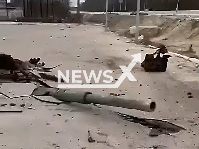 Russian tank crashed to the ground after it was hit by tank-killer missiles in April 2022. Note: Photo is a screenshot from a video(General Staff of the Armed Forces of Ukraine/Newsflash).