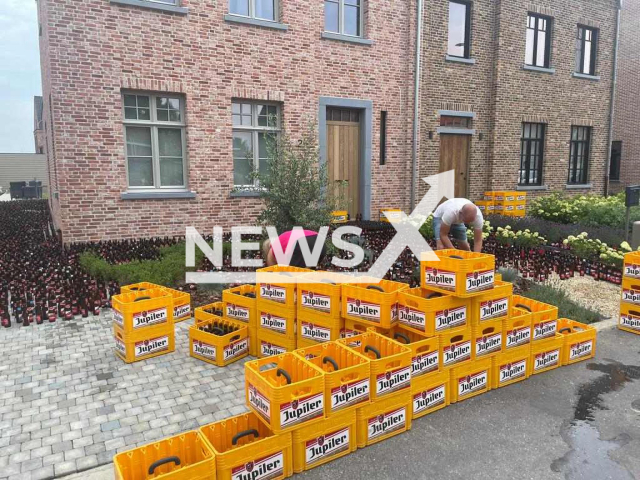 Photo shows the beer bottles placed on the front door, backdoor, and driveway of a firefighter couple in Zandhoven, Belgium, undated. The couple's friends placed the bottles as a joke to the newlywed couple. Note: Photo is provided to us by Fire Department Zone Rand - Post Zandhoven (Fire Department Zone Rand - Post Zandhoven/Newsflash)