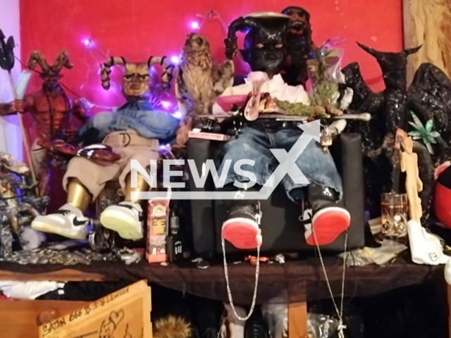 Photo shows the demon altars found in the place during raid. Members of criminal gang were arrested in Pachuca, Mexico.
Notes: Licenced pictures (@SeguridadPublicaHGO/Newsflash)