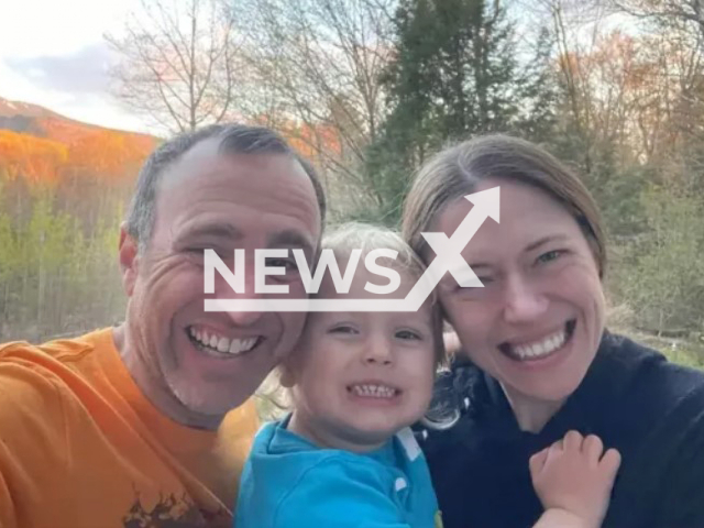 Photo shows Tate Holtzman in a photo with his parents, undated. The boy, 3, from Vermont, died after falling into a water storage tank at a resort splash pad on Thursday, July 06, 2023.
Note: GoFundMe photo(GoFundMe, Kali Brgant/Newsflash).