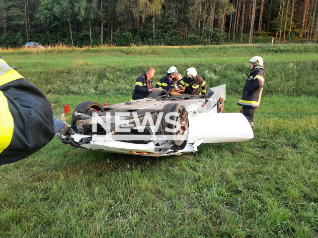 Image shows the Lamborghini Huracan that went off the road, undated photo. The incident happened in the municipality of Hollenthon, Lower Austria State, Austria, on Friday, July 7, 2023. Note: Licensed content. (Schwarz Christoph/Newsflash)