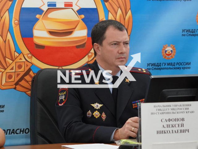 Picture shows ex head of the Stavropol State Traffic Safety Inspectorate, Police Colonel Alexey Safonov. He was accused of corruption and court left him his mansion with golden toilet but decided to confiscate money on Wednesday, July 12, 2023 in Stavropol, Russia. Note: Photo is obtained from the Traffic Police Directorate of the Stavropol Region. (@gibdd26/Newsflash)