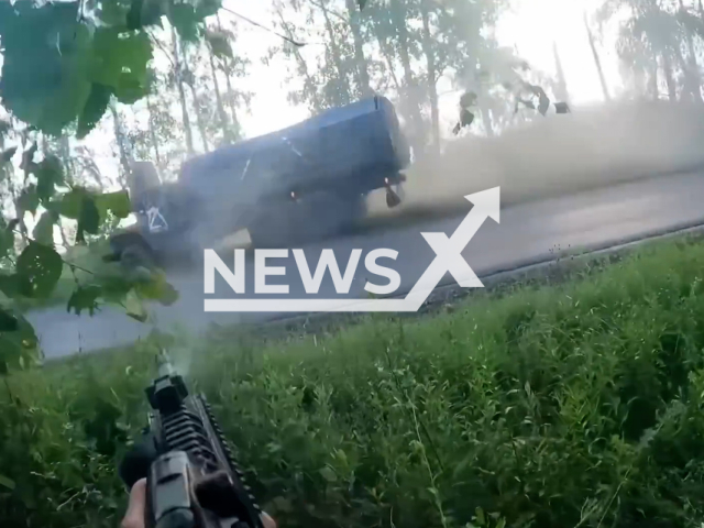 Chechen fighters successfully neutralize Russian military equipment and personnel in a well-executed ambush in Ukraine in undated footage. The footage was released by Main Department of Intelligence on Monday, Jul. 17, 2023.
Notes: Photo is screen from a video. (@DI_Ukraine/Newsflash)