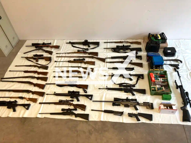 Image shows the arsenal of weapons, undated photo. They were found in a 'messie house' in the town of Ruden, Voelkermarkt district, Carinthia State, Austria, in February 2023. Note: Licensed content. (Carinthia State Police Directorate/Newsflash)