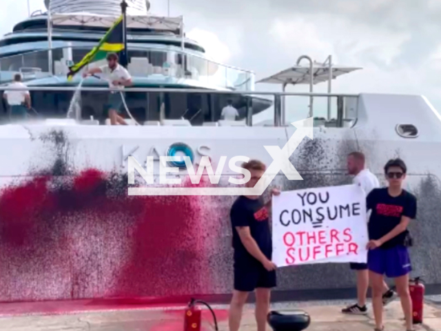 Photo shows the activists posing after they vandalized the luxury yacht owned by Walmart owner. It happened in Ibiza, Spain.
Notes: licenced picture (@FuturoVegetal/Newsflash)